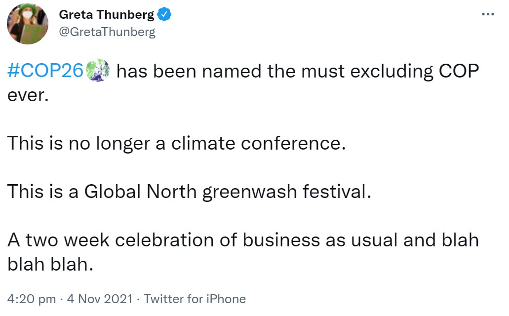 Greta Thunberg COP26 greenwash tweet 4-10-2021